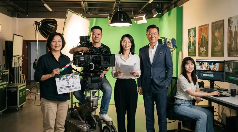 无限臀山专业影视制作团队在现代化摄影棚中合影，展示导演、摄影师、编剧、制片人和剪辑师