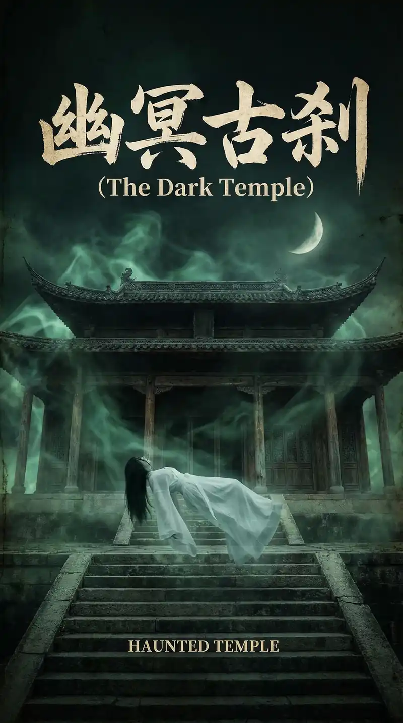 幽冥古刹电影海报，月光下古寺中白衣幽灵飘浮于石阶之上