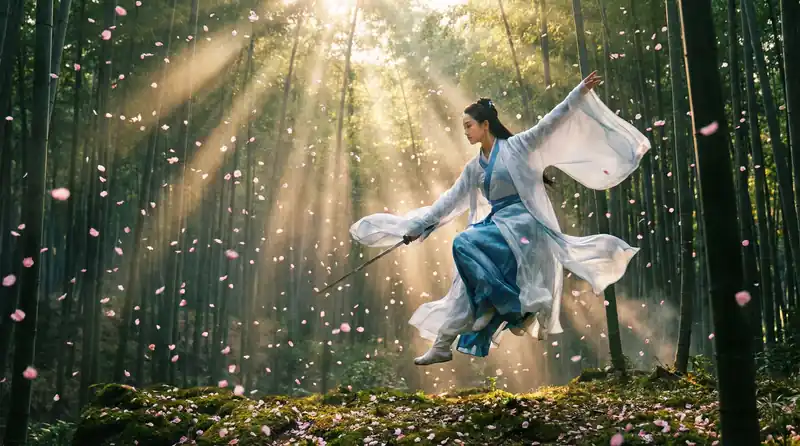 无限臀山精彩影片预告片画面，竹林中女侠飞身舞剑